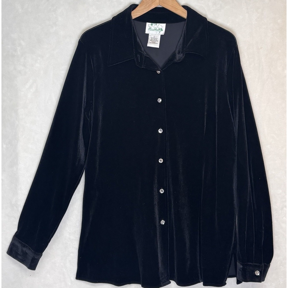 Vtg 90s Black Velvet Button Front Shirt Quacker Factory Goth Dark Romantic Top L